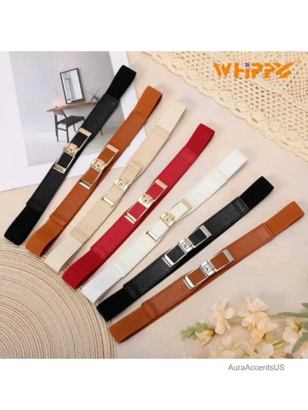 2 Pack Skinny Elastic Stretch Belt with Gold Buckle for Dresses